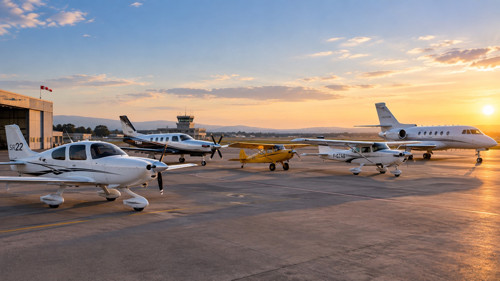 Avions légers stationnés sur un tarmac