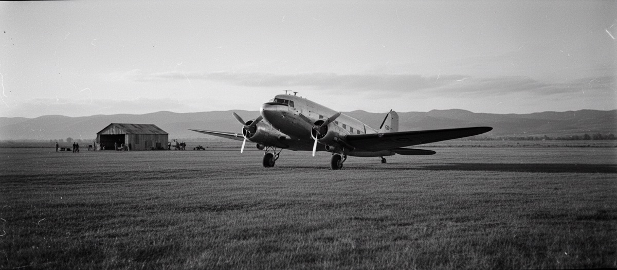 Vintage aircraft on a tarmac, 1950s.