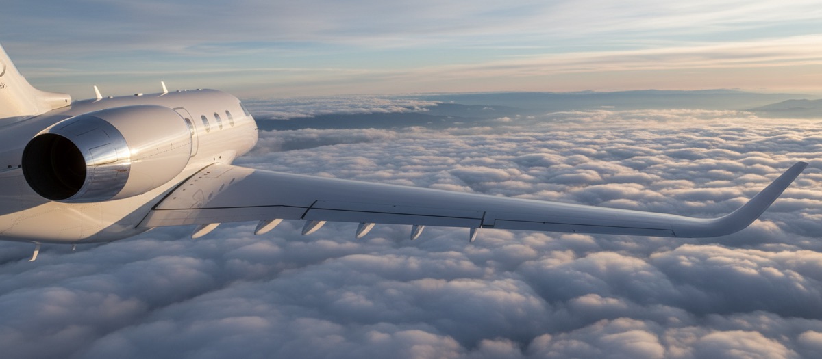 Business jet flying above the clouds.