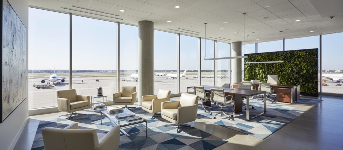 Business aviation lounge overlooking the tarmac.